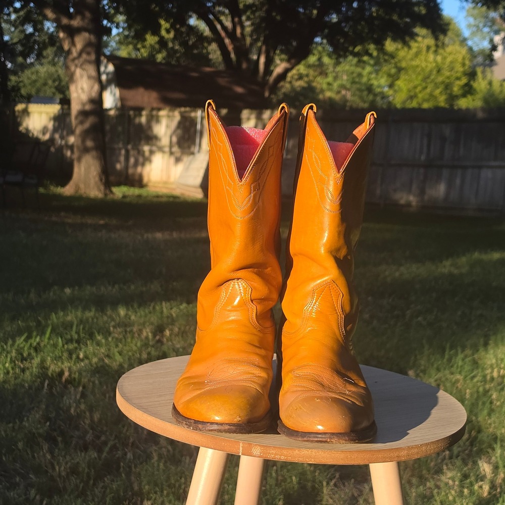 Nocona Orange Leather Cowboy Boots Western Pointed Toe Mid Calf Mens - Picture 2 of 11
